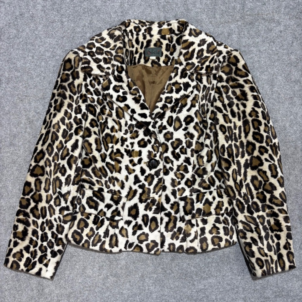 Socie Leopard Print Faux Fur Blazer Jacket Brown Tan Animal Print Women Medium